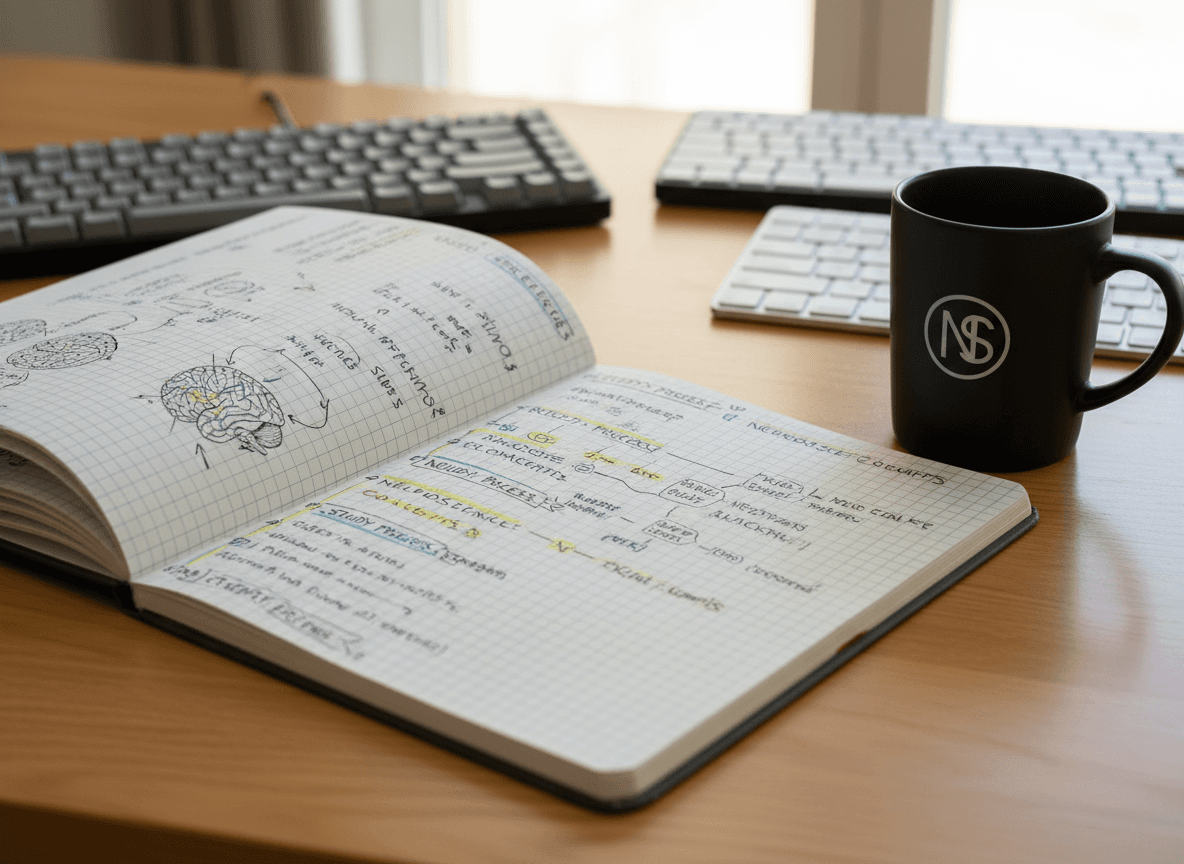 Open study notebook beside a NanoSyllabus mug